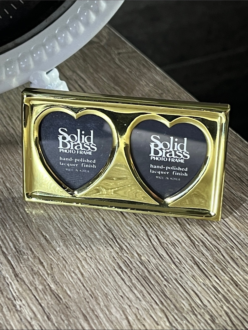 Vintage Solid Brass Double Heart Mini Photo Frame Made in Korea Lacquer Finish